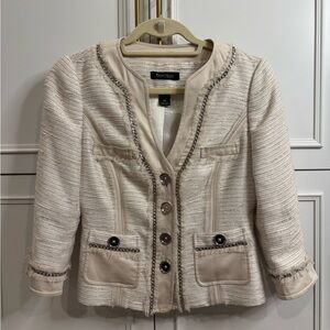 White House Black Market Cream Tweed Chain Trim Jacket | Chanel Inspired